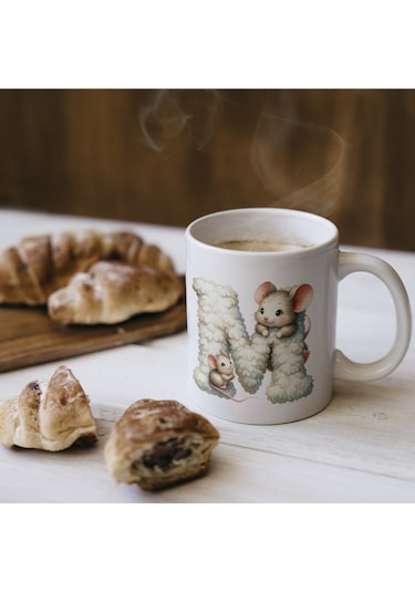 M Harfi Tasarım Bardak, Sevimli Hayvan Temalı Harf Bardağı Beyaz