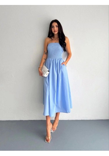 Straplez Pileli Elbise - Açık Mavi Açık Mavi