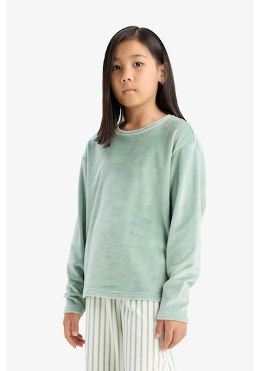 Defacto Kız Çocuk Pijama Takımı Polar Uzun Kollu Üst Çizgili Uzun Alt D1068a825wngn1123 Yeşil