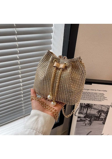 Rhinestone Kadın Omuz Çantası Yaz Zinciri Çapraz Çanta Kova Çantalar Çanta Altın