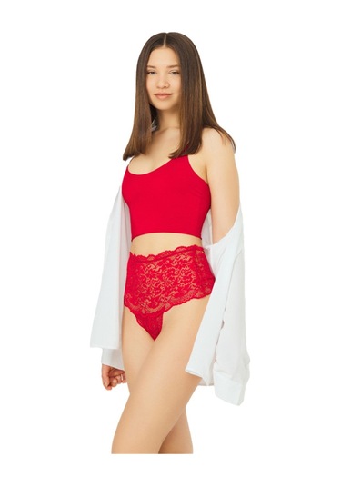Kırmızı Dantelli Lastik Detaylı Yüksek Bel Kadın Tanga Külot Kırmızı