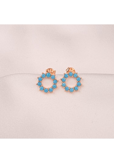 Altın Küpe - 14 Ayar Altın Yuvarlak Firuze Turkuaz Taşlı Küpe Sarı