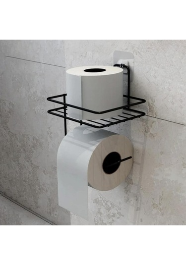 Petinka Tuvalet Kağıdı Tutacağı Siyah Modern Metal Tasarım Yapışkanlı Yedek Raf