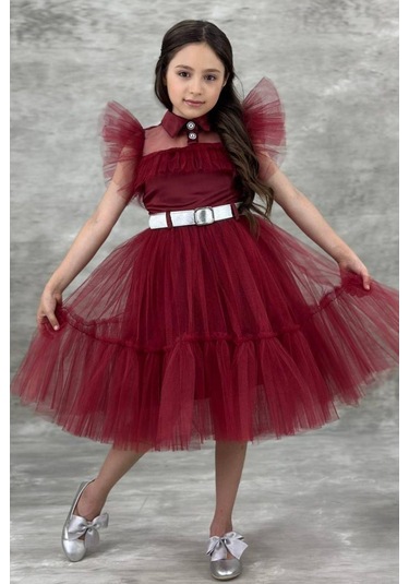 Riccotarz Kız Çocuk Gömlek Yaka Göğsü Ve Kolları Tül Detaylı Wednesday Bordo Elbise Bordo