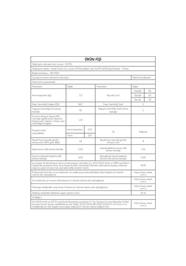 Vestel KM 75301 7 KG Kurutma Makinesi