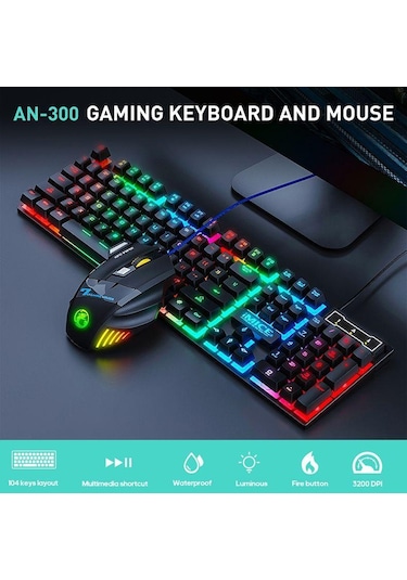 İmıce An-300 İngilizce Yüzeyden Kaydırılabilir Anahtar Kaplıklı Renkli Arka Işık Kablosuz Klavye Fare Seti Optik