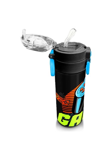 Coral High Kids Gri Turuncu Gamer Desenli Pipetli Ve Direkt İçim Çelik Termos 500 Ml 31947 Turuncu - Beyaz