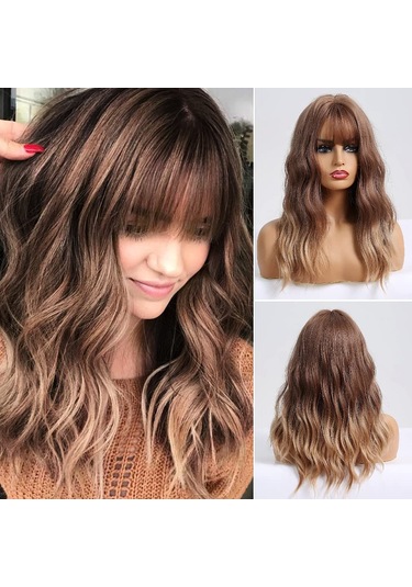 Sarı Kahverengi Degrade Uzun Saç Kıvırcık Doğal Sentetik Peruk