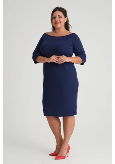 Kadın Lacivert Carmen Yaka Truvakar Kol Büyük Beden Esnek Krep Elbise-lacivert Lacivert