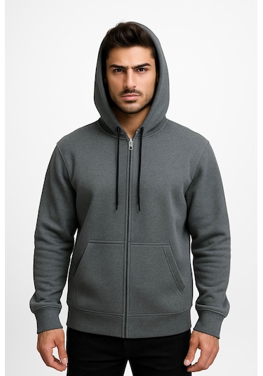 Axxel Erkek Gri Fermuarlı Kapüşonlu Sweatshirt-w590 Gri 3 İplik Şardonlu