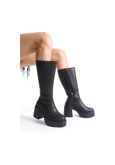 Ventes Kalın Taban Topuklu Fermuarlı Diz Altı Sade Klasik Kadın Çizme 914303-z Siyah Cilt