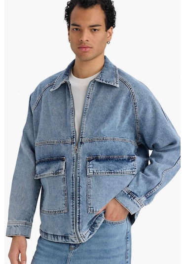 Defacto Relax Fit Fermuarlı Denim Ceket F0097ax25aunm39 Mavi