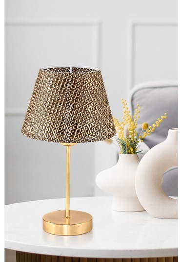 Star Gold Ayaklı Abajur Kahverengi Hasır Başlık Yatak Odası Salon Masa Lambası 2 Adet Kahverengi