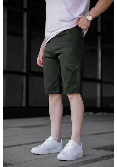 Haki Renk Kargo Cepli Gabardin Erkek Şort-1801 Haki