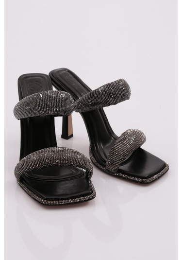 Dgn 2027 Kadin Kalin Silver Taş Bantli Topuklu Terlik 2027-2219-R1534 Siyah