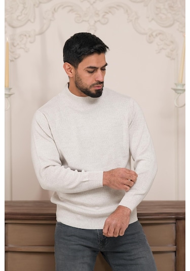 Woolen World Balıkçı Yaka Kalın Yünlü Erkek Triko Kazak Krem