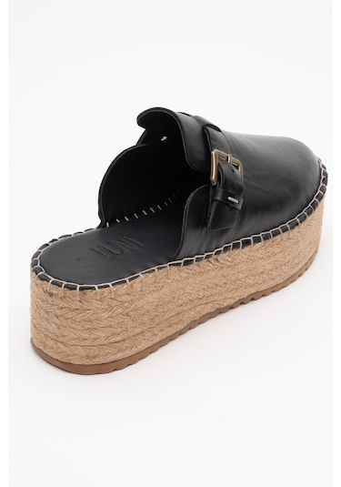 Luvishoes Novas Siyah Cilt Hakiki Deri Burnu Kapalı Hasır Dolgu Taban Terlik Siyah