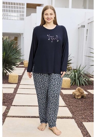Büyük Beden Viskon Kadın Uzun Kol Pijama Takımı 250495 Laci02 Lacivert02