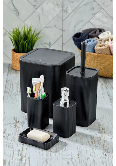 Line 5 Parça Kare Banyo Seti - Çöp Kovası Wc Fırçası Sıvı-katı Sabunluk Diş Fırçası Siyah