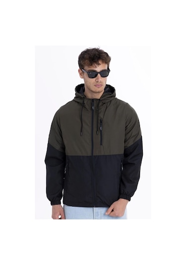 İçi Astarlı Su Ve Rüzgar Geçirmez Cepli Erkek Yağmurluk Haki - Siyah