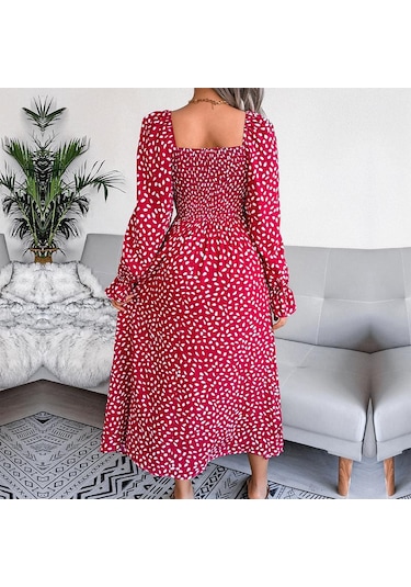 Sonbahar Kış Kare Yaka Uzun Kollu A Line Pileli Baskılı Uzun Elbise S-xl Kırmızı