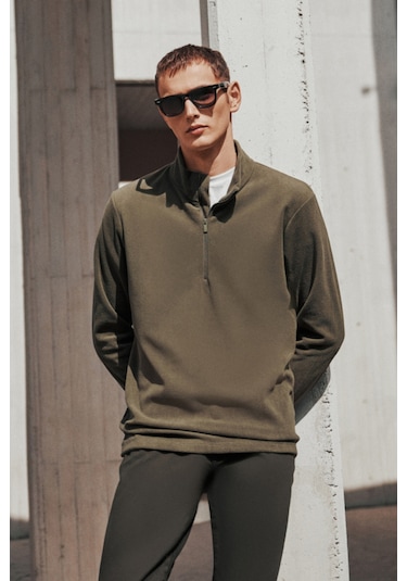 2'li Paket Standart Fit Bato Yaka Soğuk Geçirmez Sweatshirt Polar Haki - Siyah