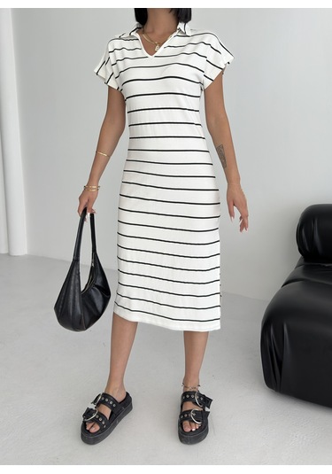 Kadın Pamuklu Polo Yaka Çizgili Elbise Beyaz