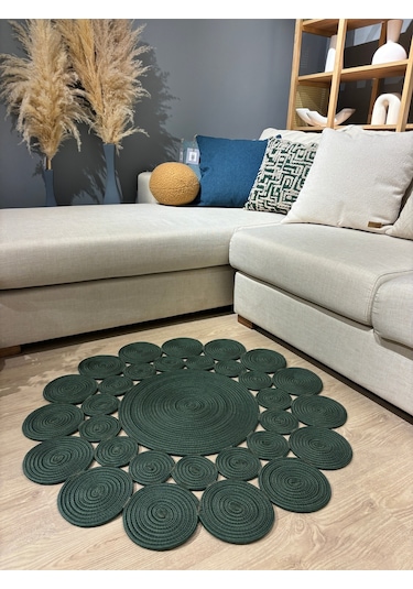 Mavaux Hasır Jüt Çiçek Desenli Kilim Halı Yeşil