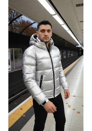Erkek Gümüş Renk Kapüşonlu Şişme Mont Su Geçirmez Parlak Kaban Gümüş