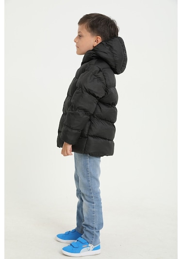 Freemen Erkek Çocuk Siyah Polarlı Kürklü Kapüşonlu Su Geçirmez Rüzgara Dayanıklı Şişme Kışlık Mont Siyah