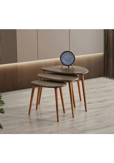 Favdecor Masif Doğal Ahşap Zigon Sehpa 3'lü Set Koyu Meşe