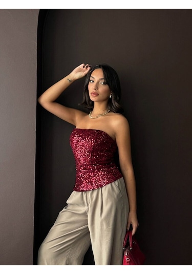 Topshow Straplez Bluz Yılbaşı Bordo