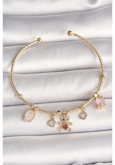Pirinç Gold Renk Sallantı Zirkon Taşlı Ayıcık Figür Kırmızı Kalp Detay Charm Kadın Bileklik Çok Renkli