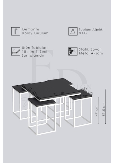 Lizbon 4+1 Kare Sehpa Takımı Beyaz Metal - Beyaz Mermer Tabla