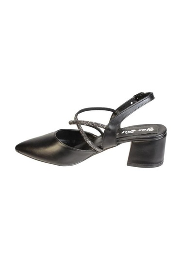 Yazkış Kadın Siyah Beyaz Cilt Üzeri Taşlı Çapraz Bantlı Arkası Açık 5cm Kalın Topuk Ayakkabı 001