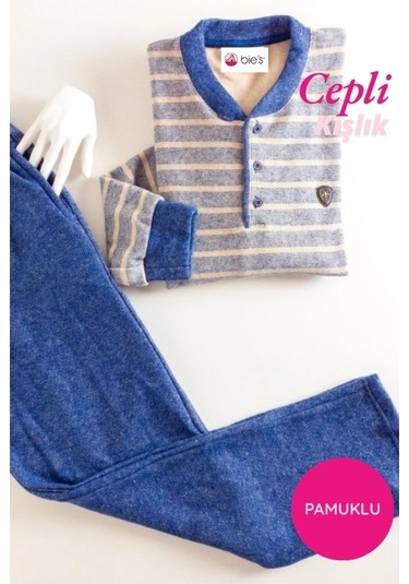 Erkek 3 Düğme Çizgili Kışlık Pamuklu Selanik Kumaş Uzun Manşetli Kol Cepli Pijama Takımı Mavi-gri