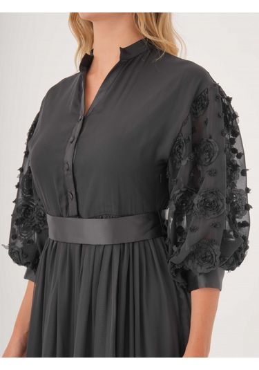 Dantel Detaylı Kemerli Şifon Gömlek Elbise Siyah