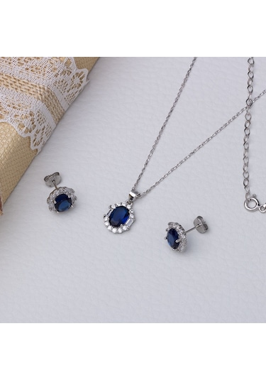 5-8 Mm Lacivert Oval Zirkon Taşlı 925 Ayar Gümüş Kadın 2'li Set Gümüş
