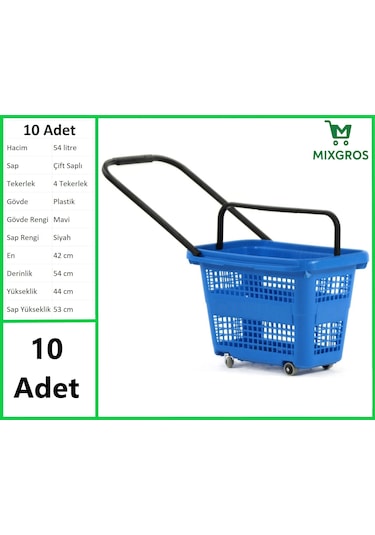 Tekerlekli Plastik Market Alışveriş El Sepeti 54 Litre Mavi 10 Adet