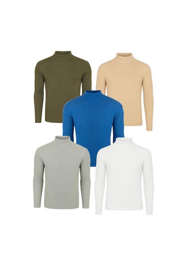 5'li Paket Yarım Boğazlı Erkek Kazak Haki - Beyaz