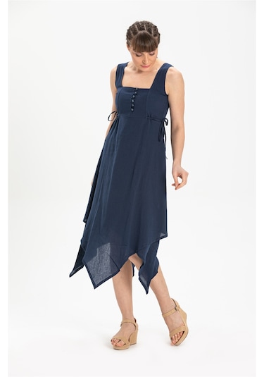 Kolsuz Şile Bezi Üçgen Katlı Midi Boy Elbise Lacivert Lcvt