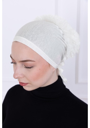 Fırfırlı Önden Dikişli Penye Bone - Kadın Tesettür Bağlamalı Topuz İç Bone-ekru - Kırık Beyaz Ekru