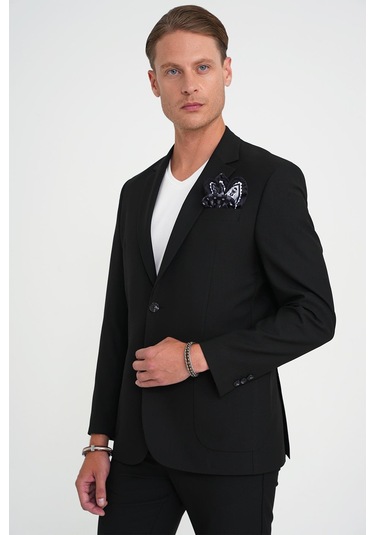 Slim Fit Torba Cep Esnek Pamuk Düz Siyah Blazer Ceket C 712 Siyah
