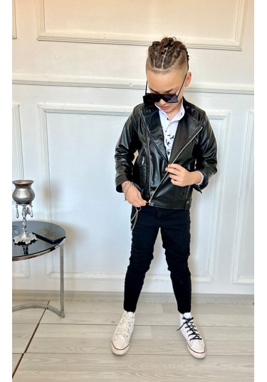 Modavals Erkek Çocuk 4 Parça Deri Ceket Kot Pantolon Kombin - 574283691 Siyah