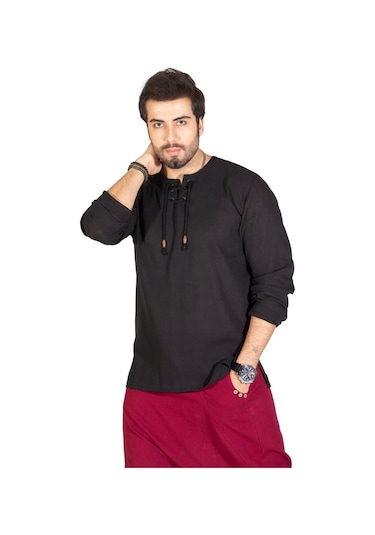 Uzun Kol Şile Bezi Zımbalı Erkek Tshirt Siyah 3003
