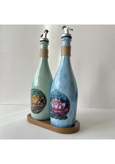 Lotus Çiçeği Desenli Sunum Stantlı 2'li 750 Ml Yağlık Sirkelik