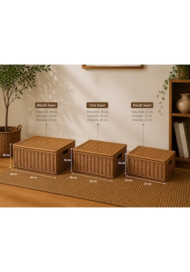 Morponi 3'lü Kapaklı Hasır Rattan Organizer Sepet Shr4404 Sarı