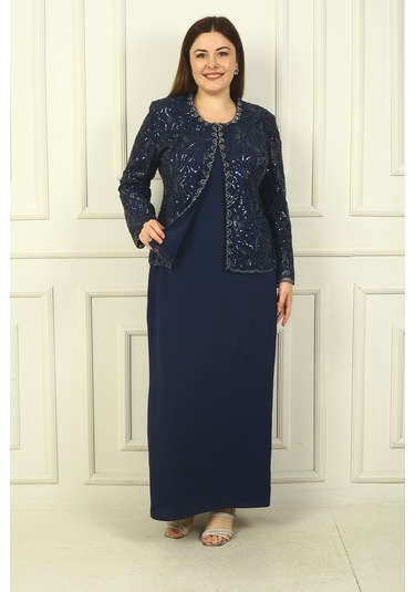 Kadın Pul İşlemeli Boncuk Detaylı Tül Ceket Yarım Ay Kollu Uzun Elbise Astarlı Krep Büyük Beden 2'li Takım Lacivert