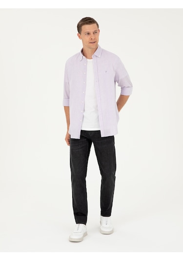 Cacharel Lila Slim Fit Keten Karışımlı Gömlek Pembe