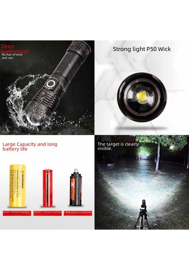 Qingmipy Xhp50 Led El Feneri, Usb Şarjlı, Alüminyum Gövde, Güç Gösterimi, 500m Işık Mesafesi, Zoom Özelliği - Kamp, Av, Ev Güvenliği İçin Dayanıklı